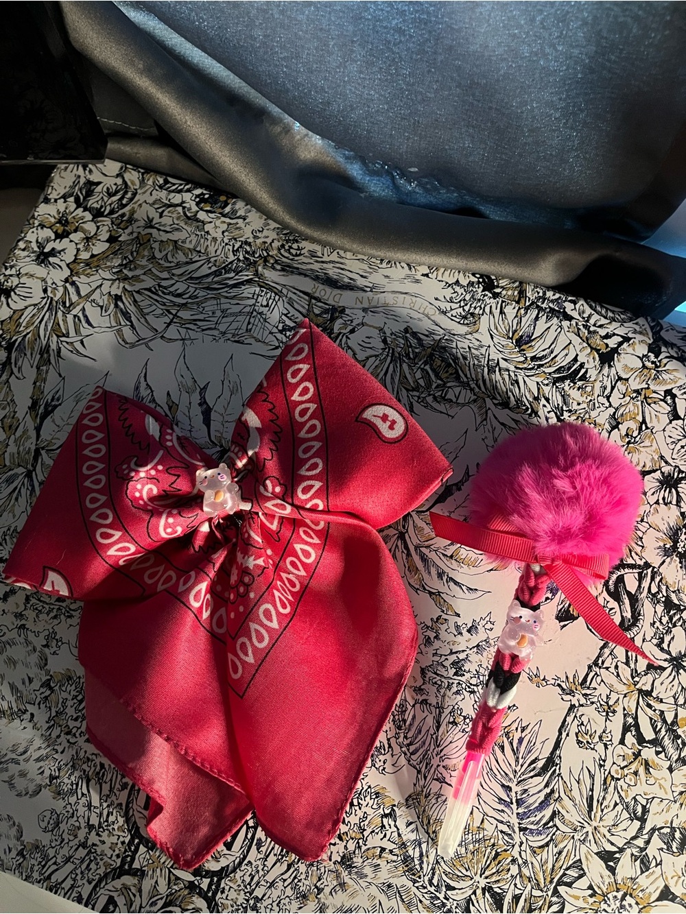 Handmade Pink Bandana Bow & Pom Pom Pen